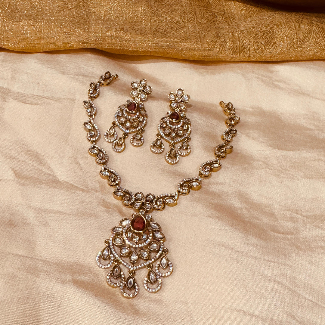 Iconic AD Stone Floral Ruby Stone Droplet Necklace