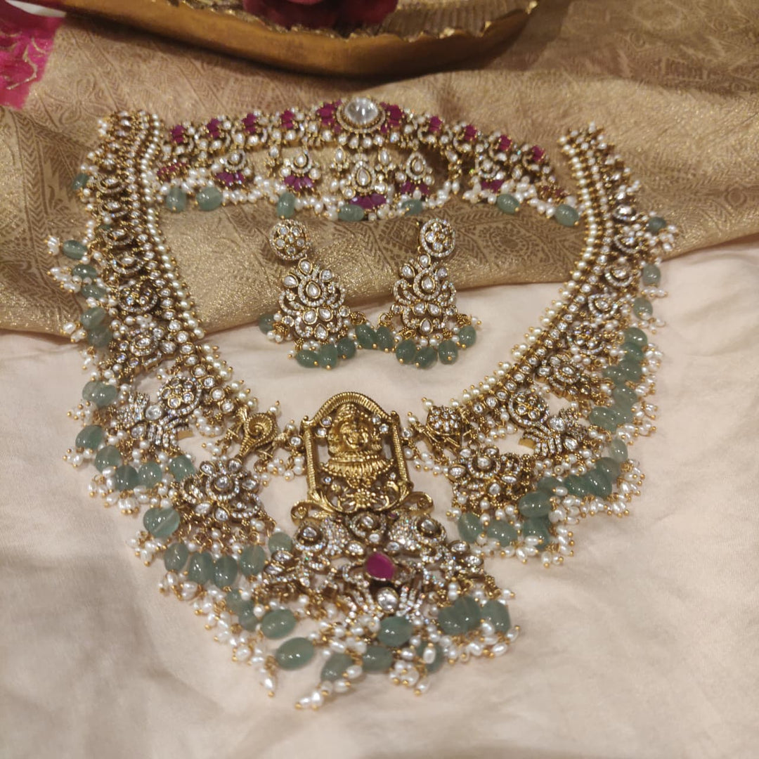 Radiant Temple Floral LightGreen Beads Ruby Choker Necklace Set
