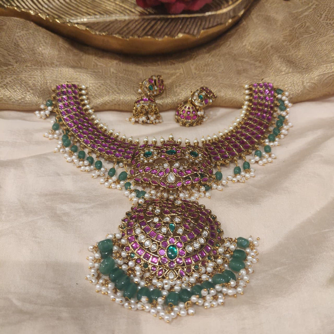 Timeless Ruby Jadau Stone Necklace with Green Beads