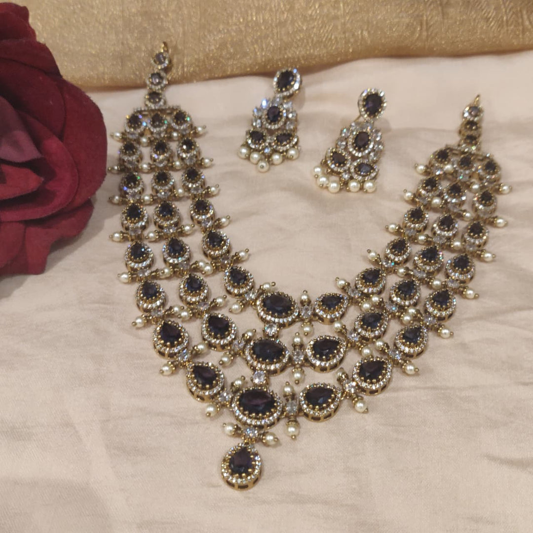 Glamorous 3 Layer Purple AD Stone Necklace