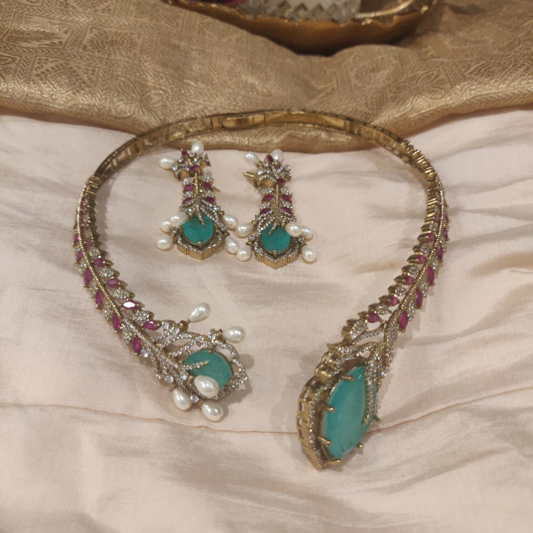 Opulent Mint AD Stone Collar Necklace with White Beads
