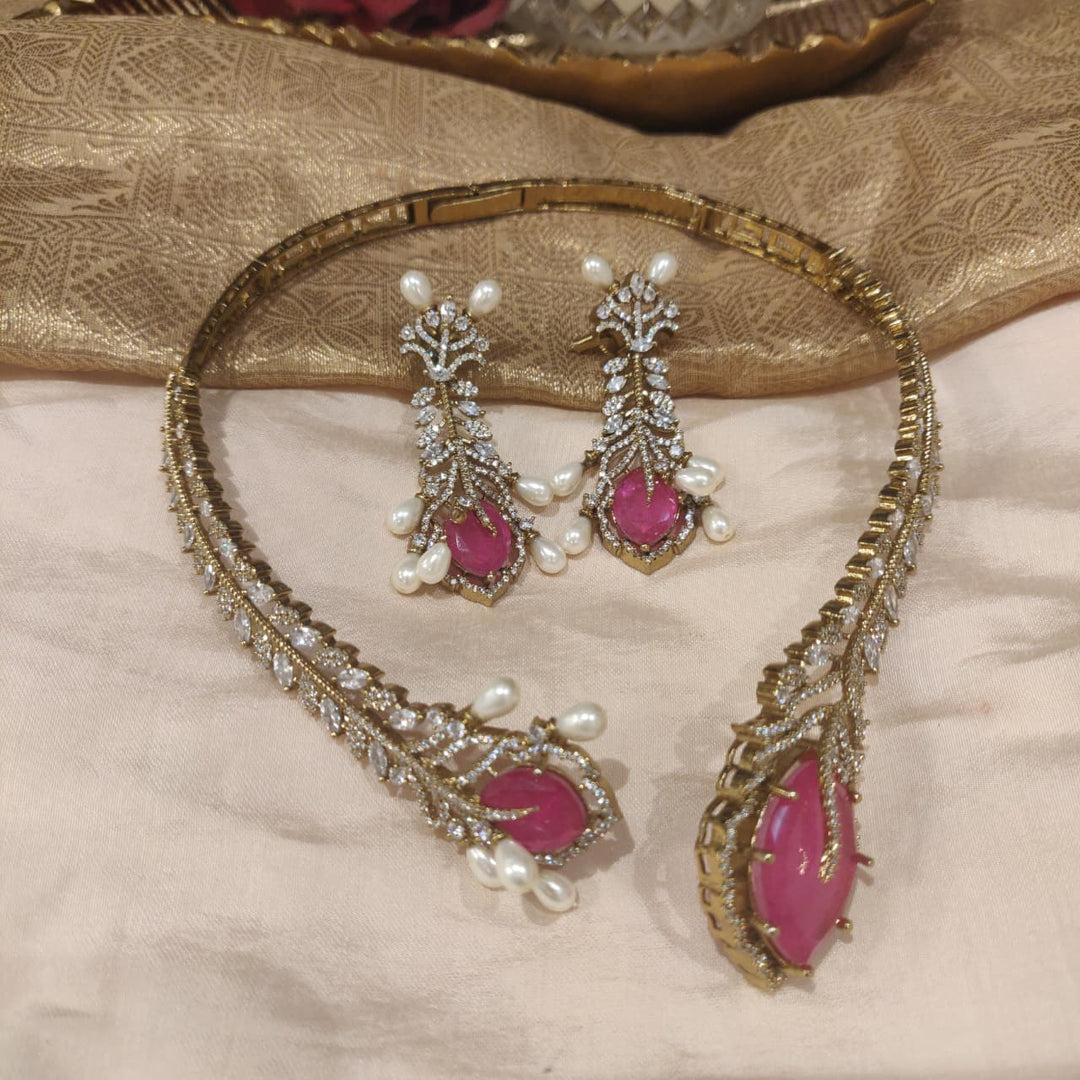 Opulent Pink AD Stone Collar Necklace with White Beads