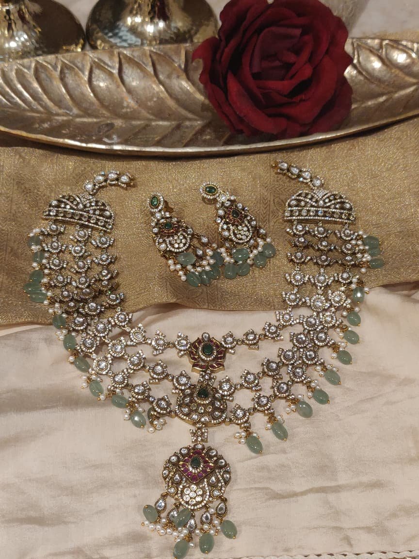 Regal 3 Layer Antique Finish Necklace With Lightgreen Beads