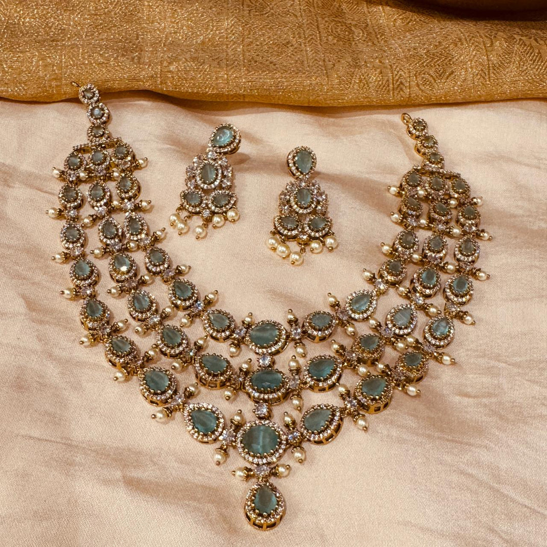 Elegant Mint AD Stone 3 Layer Necklace