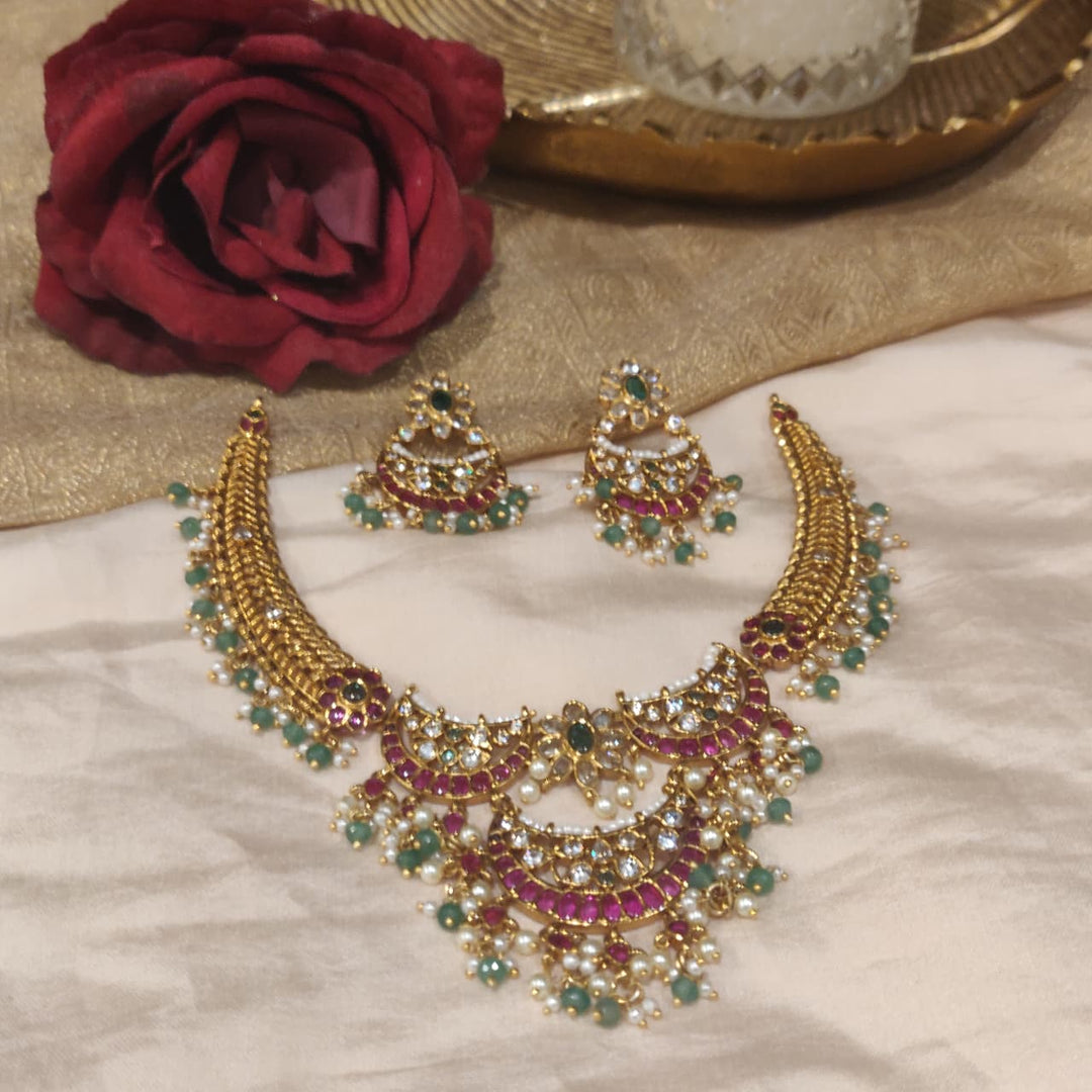 Whimisical Ruby Stone Floral Golden Moon Necklace