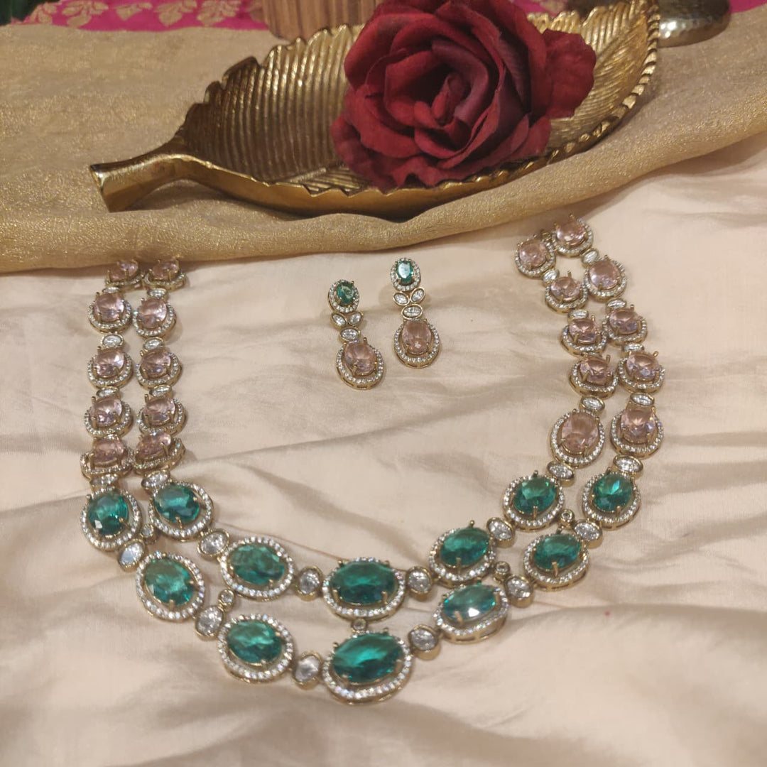 Radiant Pink Mint AD Stone 2 Layer Necklace