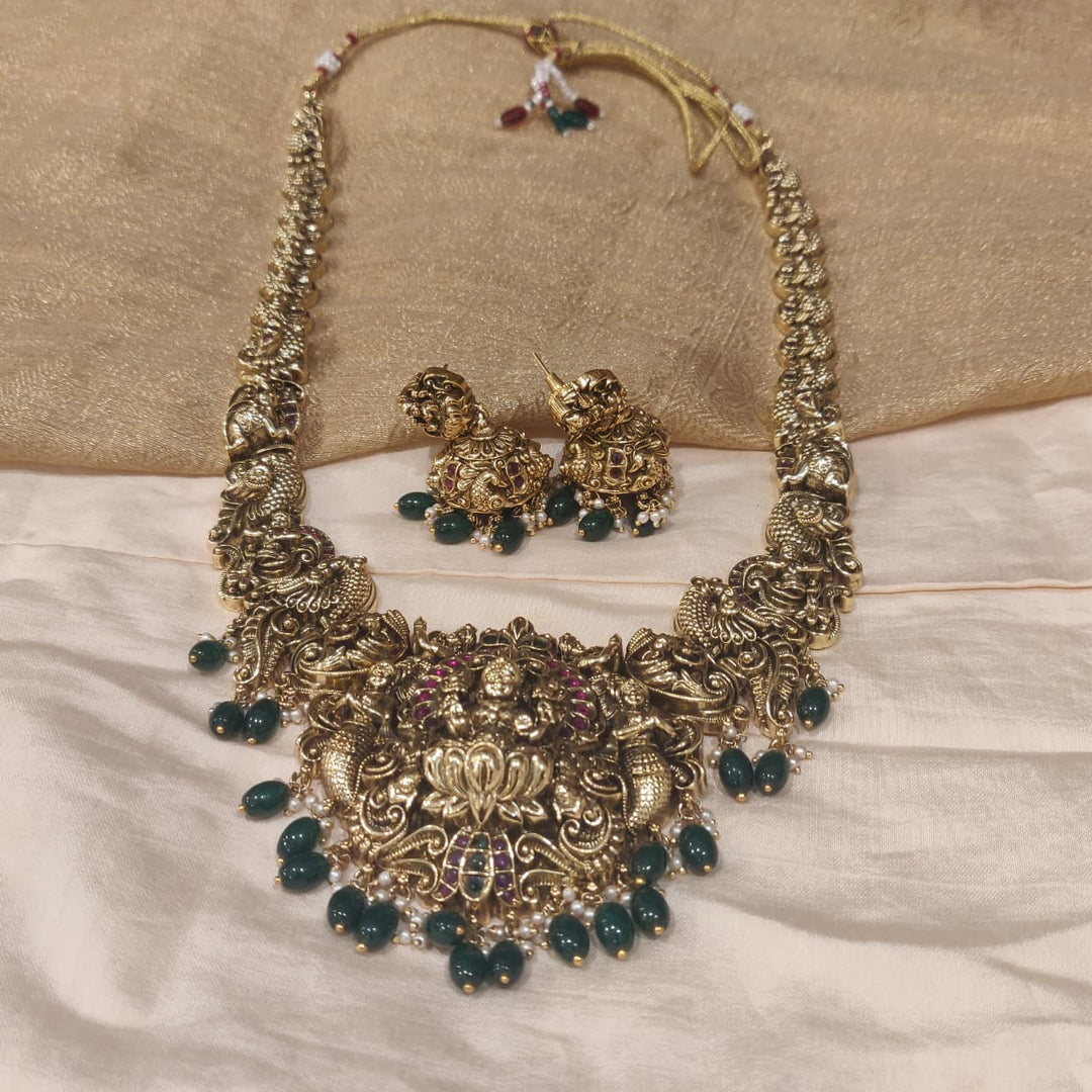 Exquisite Lakshmi Peacock Long Necklace with Green Beads