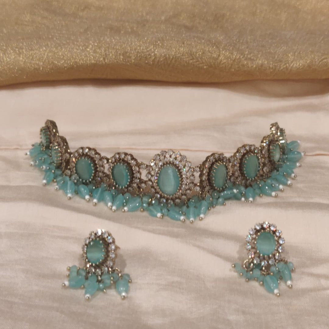 Inimitable Mint AD Stone Floral Choker With Mint Beads