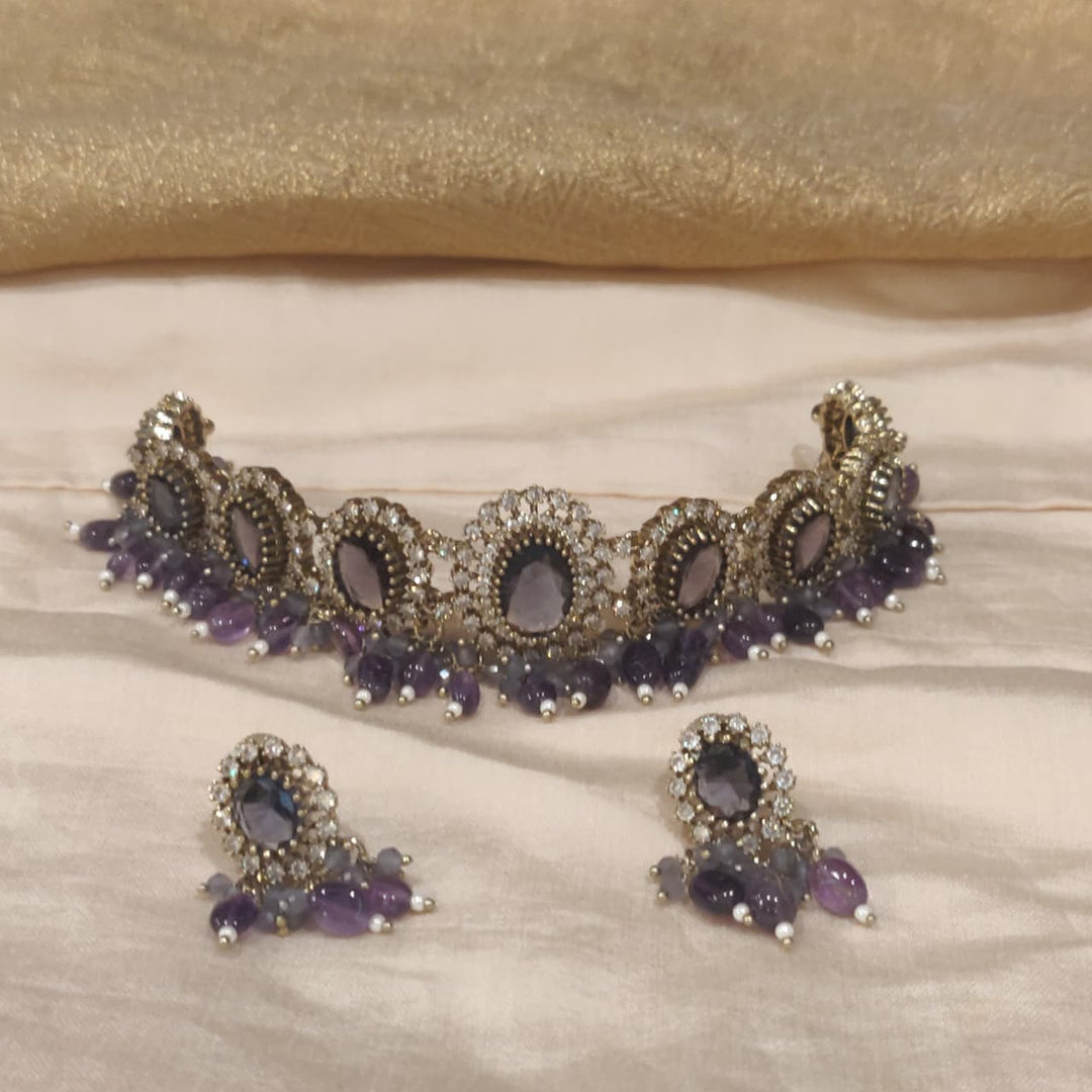 Regal Purple AD Stone Floral Choker with Purple Beads