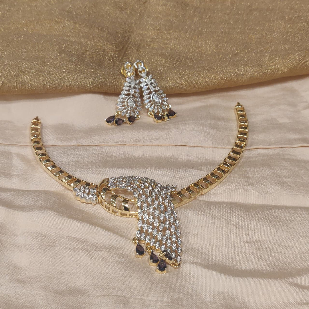 Opulent CZ Peacock Golden Necklace with Purple AD Beads