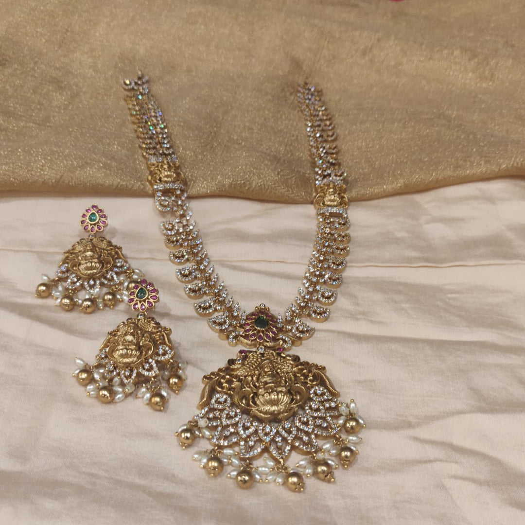 Majestic Lakshmi AD Stone Long Necklace with Golden Beads