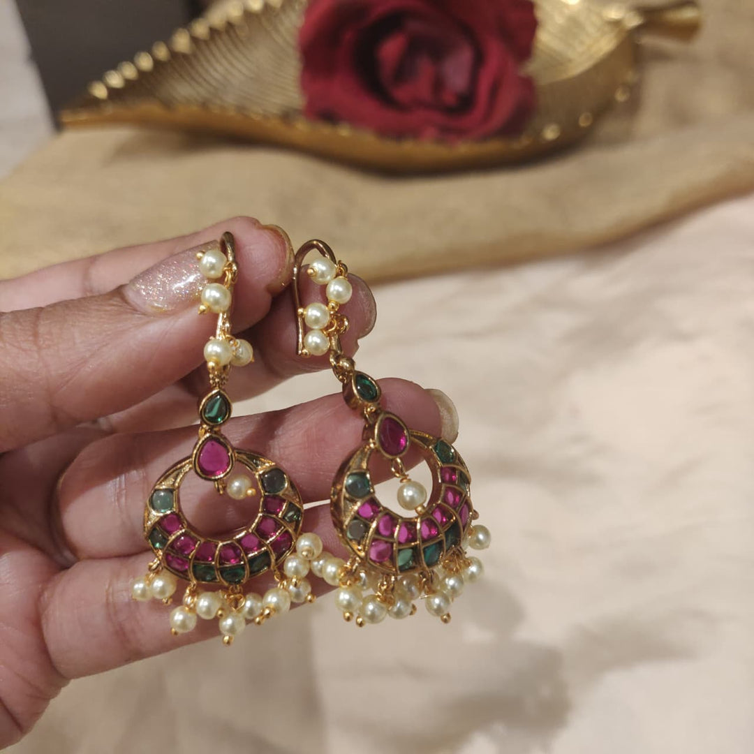 Brilliant Ruby Green Stone Earring with White Beads