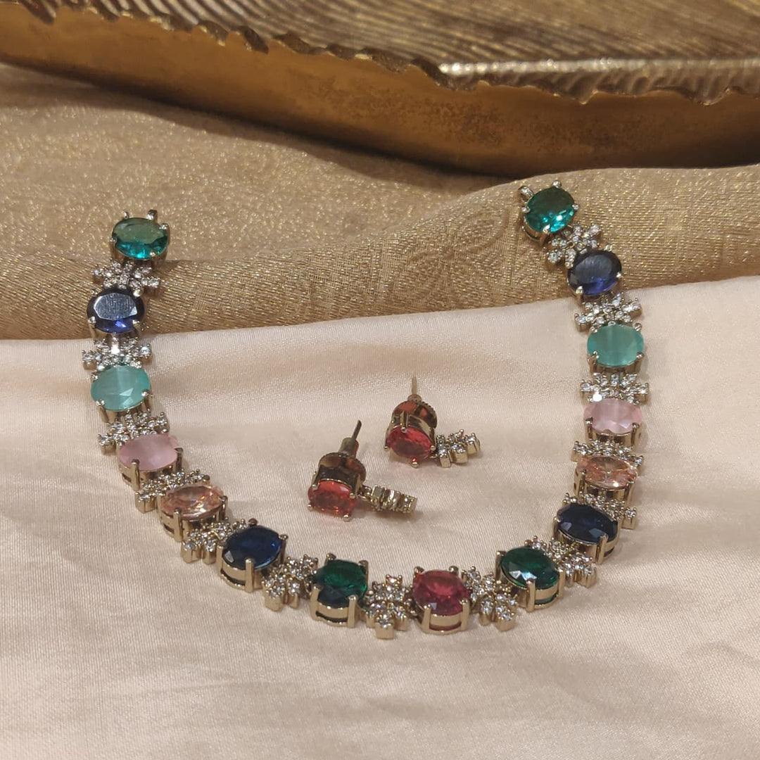 Exquisite Multicolour AD Stone Short Necklace