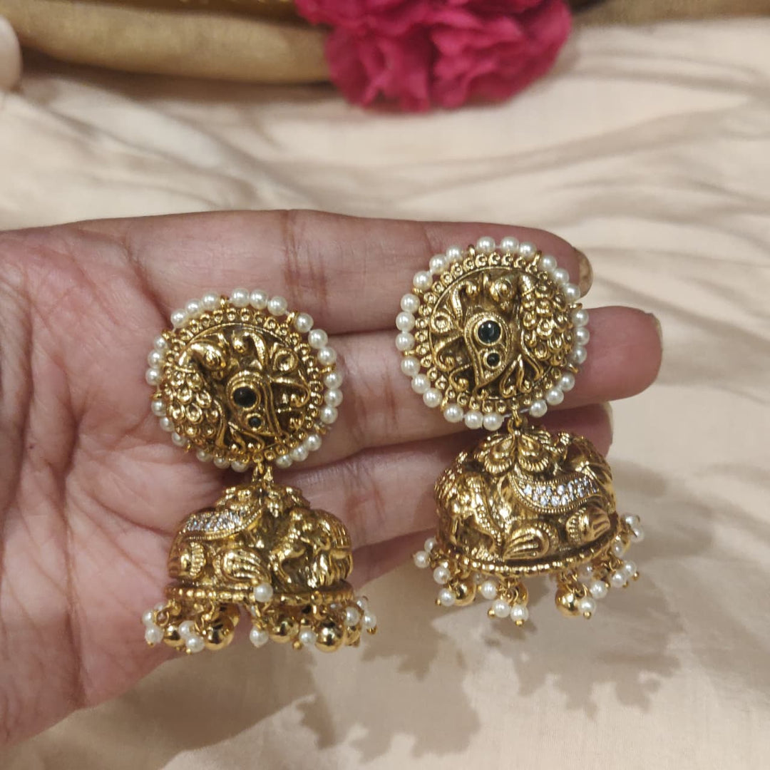 Majestic Peacock Golden Jhumka with White Beads