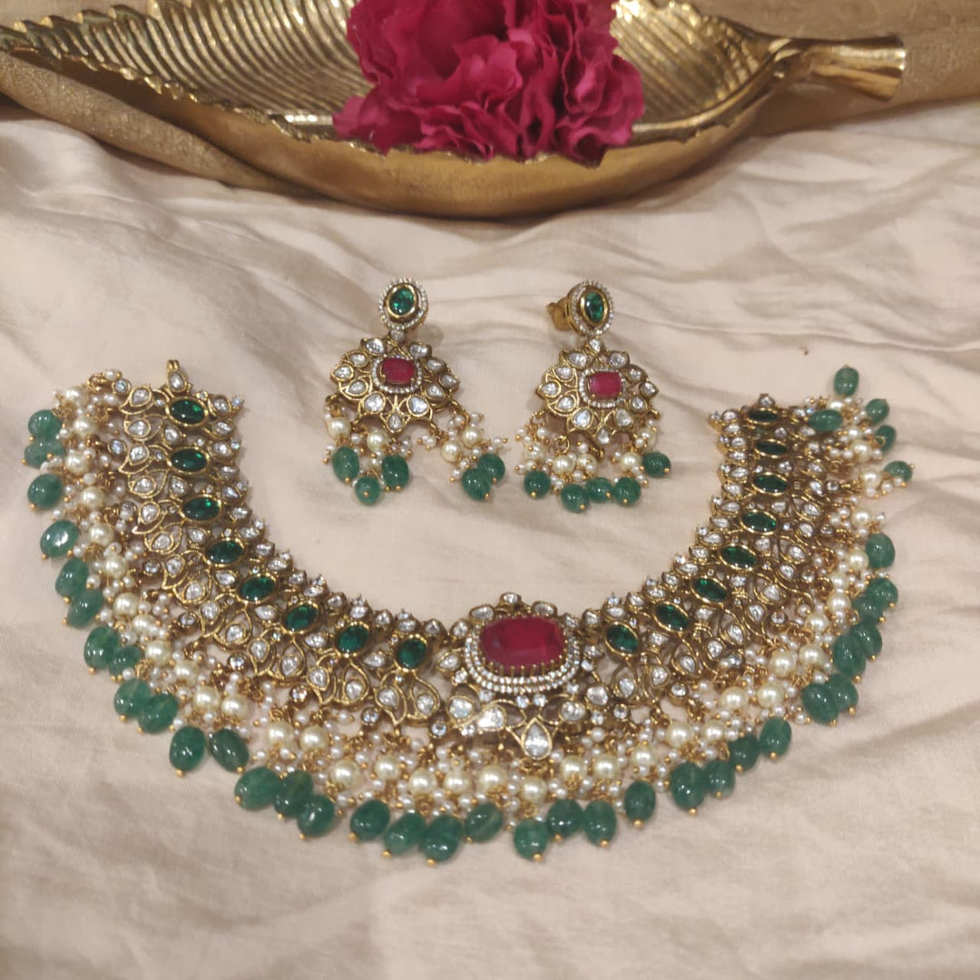 Opulent Ruby Green AD Stone Choker with White Green Beads
