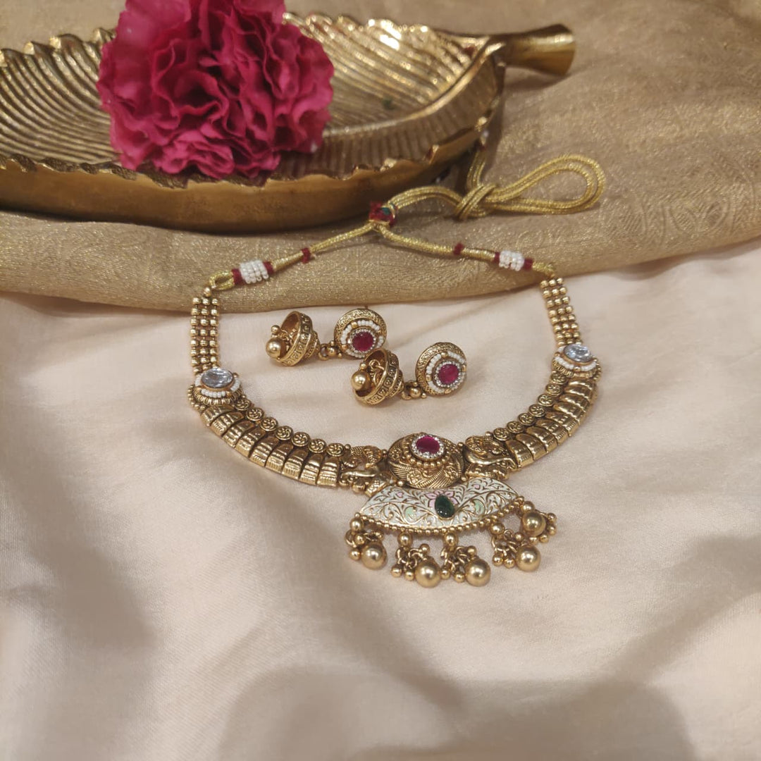 Exquisite Antique Ruby Gold-Tone Choker Necklace Set