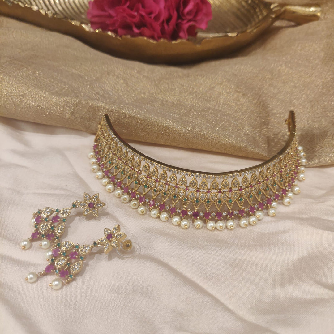 Ornate Golden AD Stone Choker with White Pearl