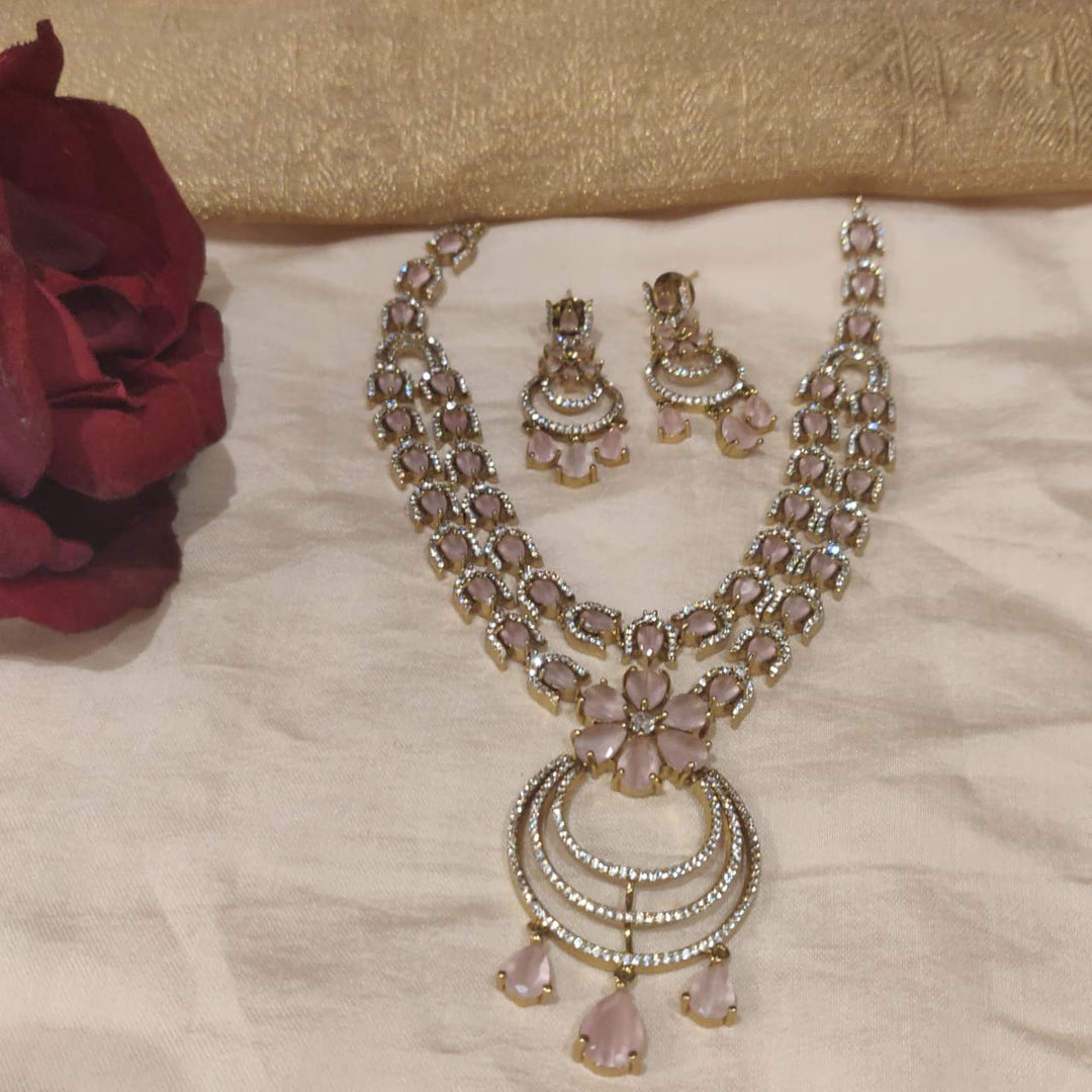 Majestic Pink AD Stone 2 Layer Floral Necklace