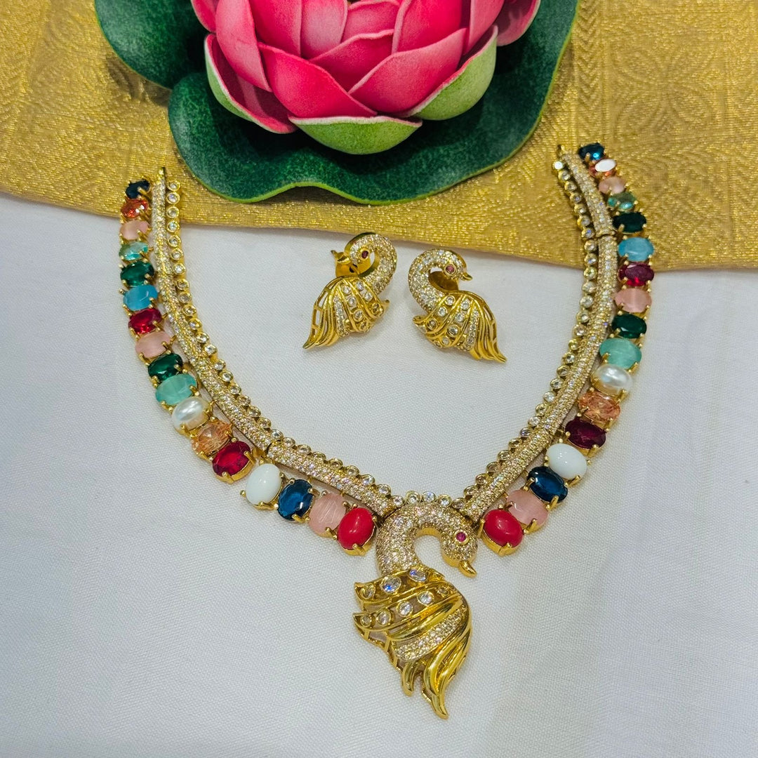 Exquisite multi color stone with ad stone golden choker necklace