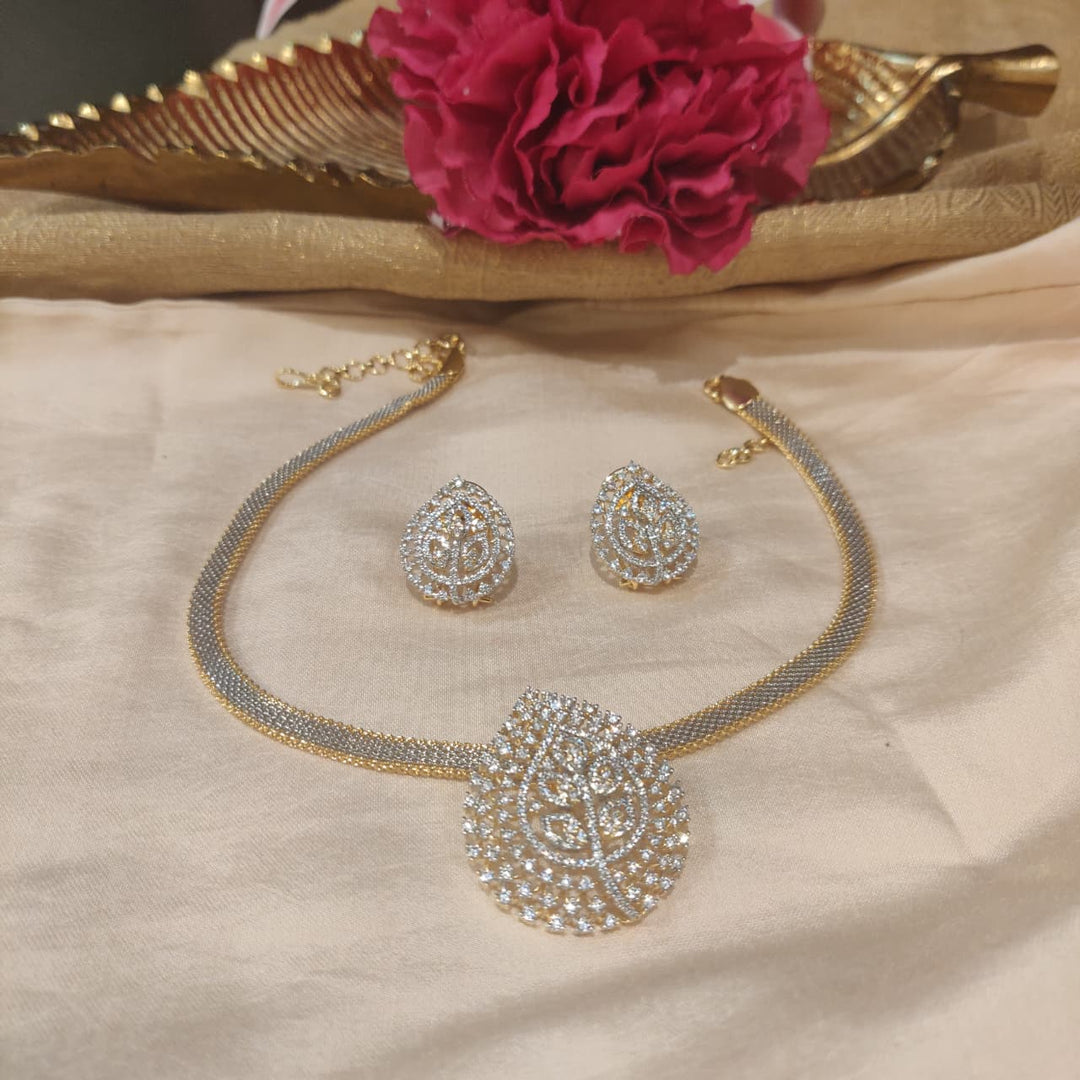 Ethereal CZ Golden Chain with Leafy AD Stone Pendant