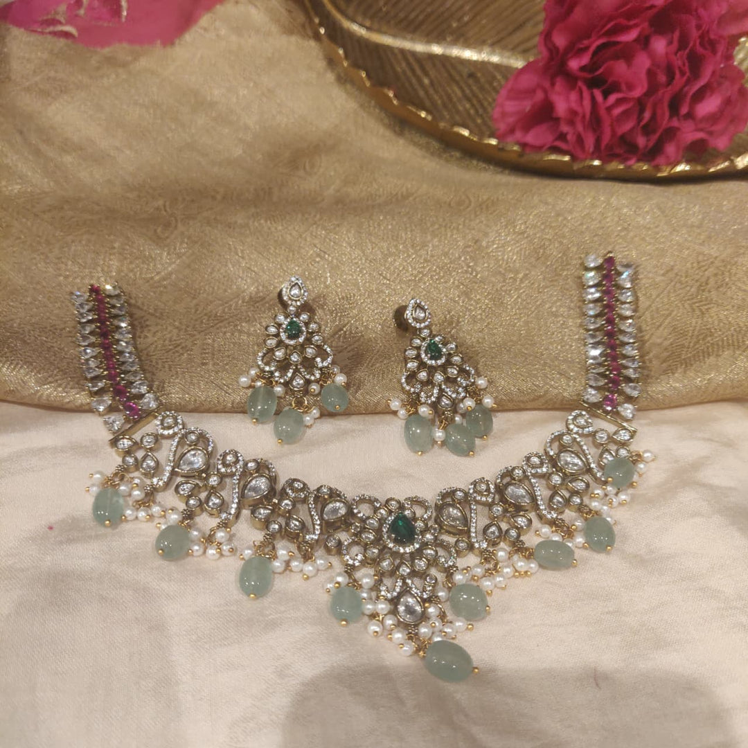 Elegant Floral AD Ruby Stone Necklace with Lightgreen Beads