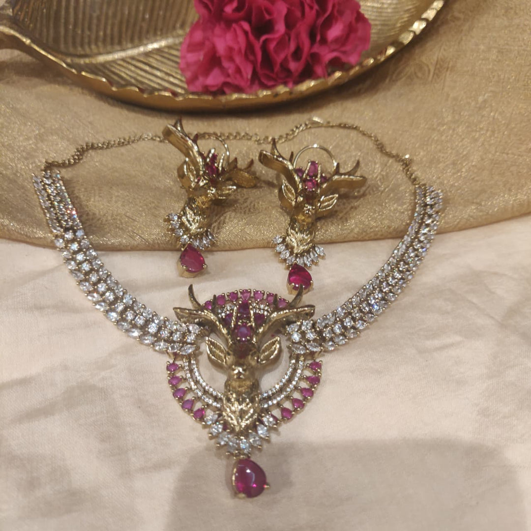 Dazzling Crystal Ruby AD Stone Deer Necklace