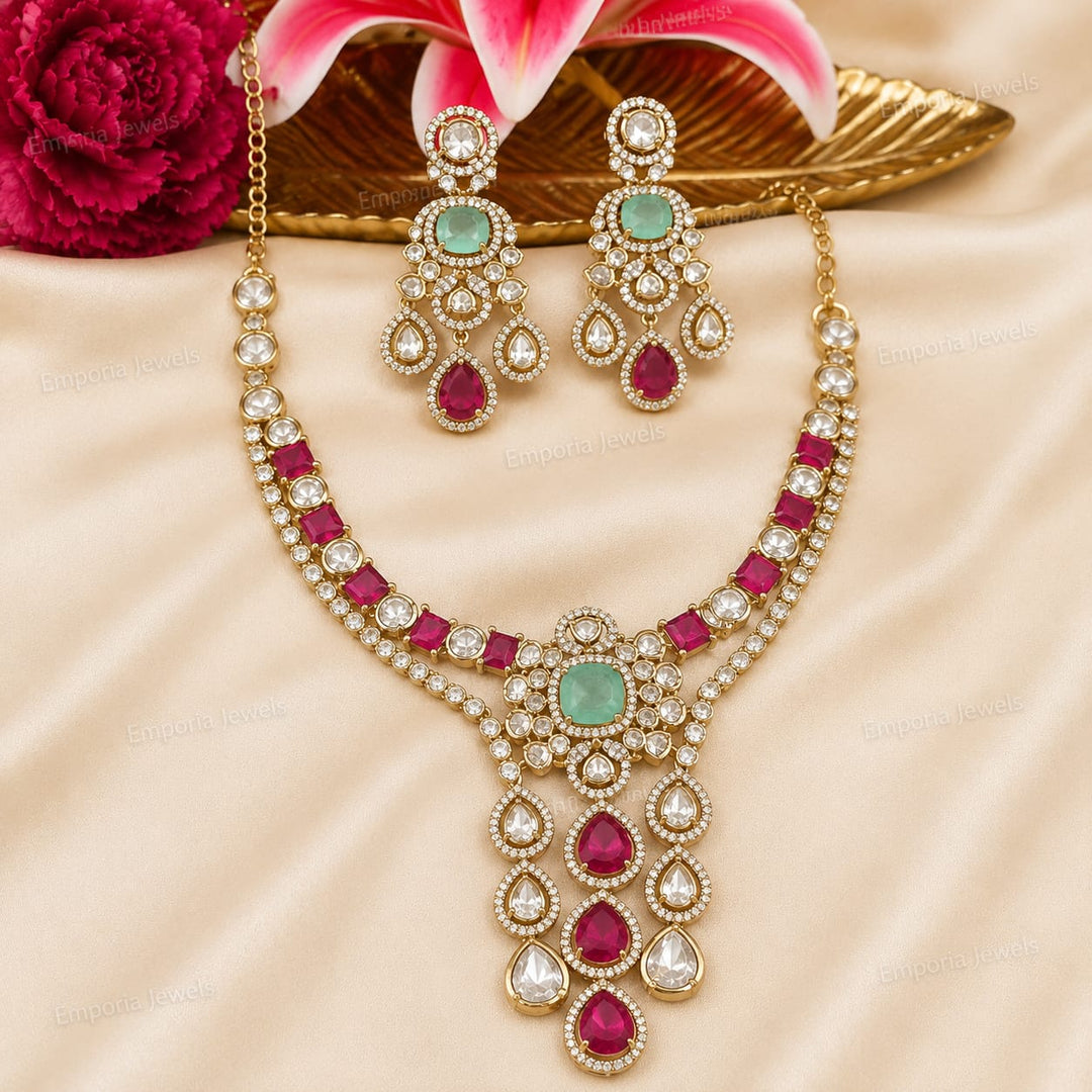 Refined Ruby Crystal AD Stone Droplet Necklace