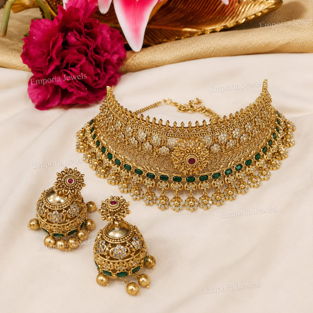 Elegant Golden Floral Droplet Choker