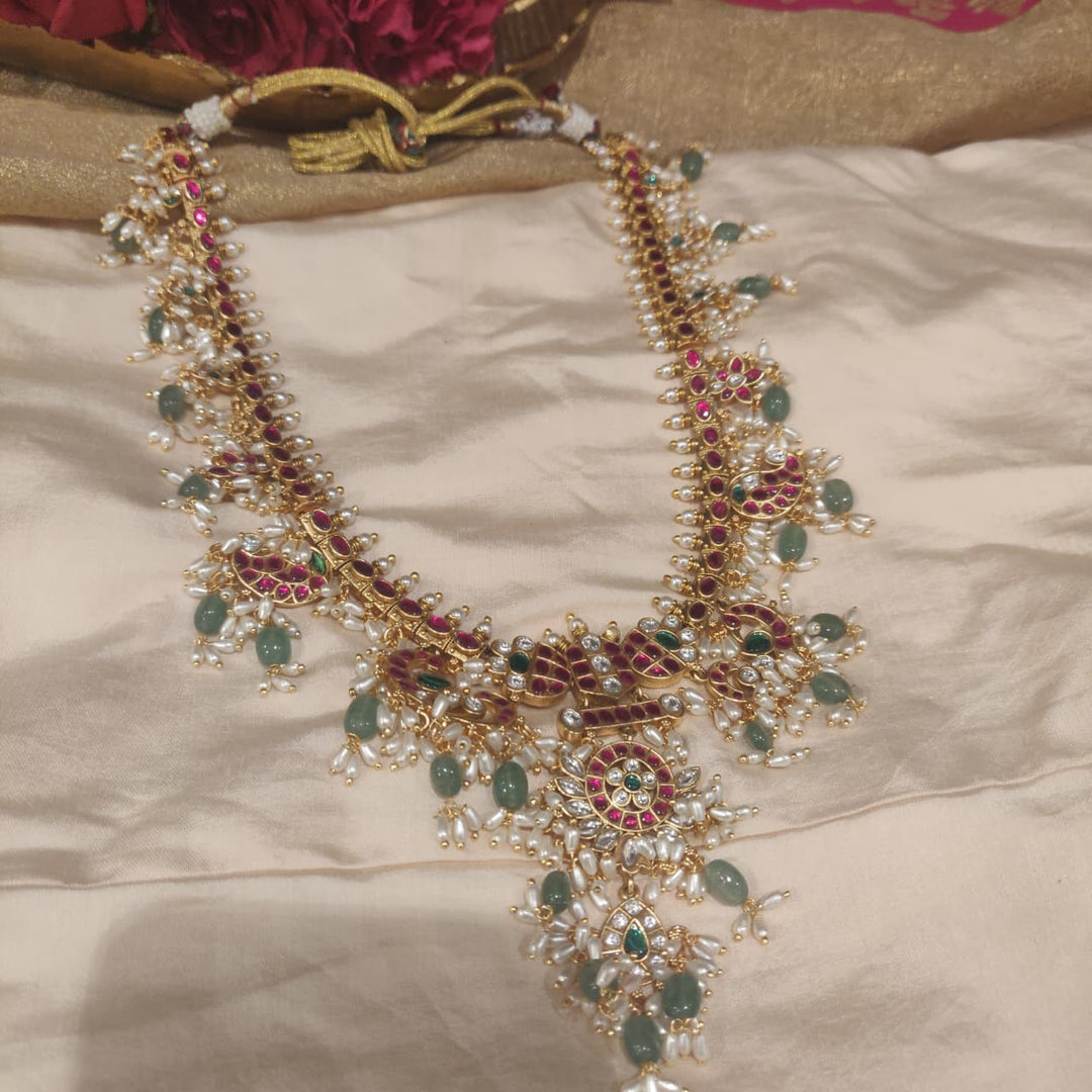 Dazzling Jadau Ruby Stone Floral Long Necklace with Ricepearl Beads