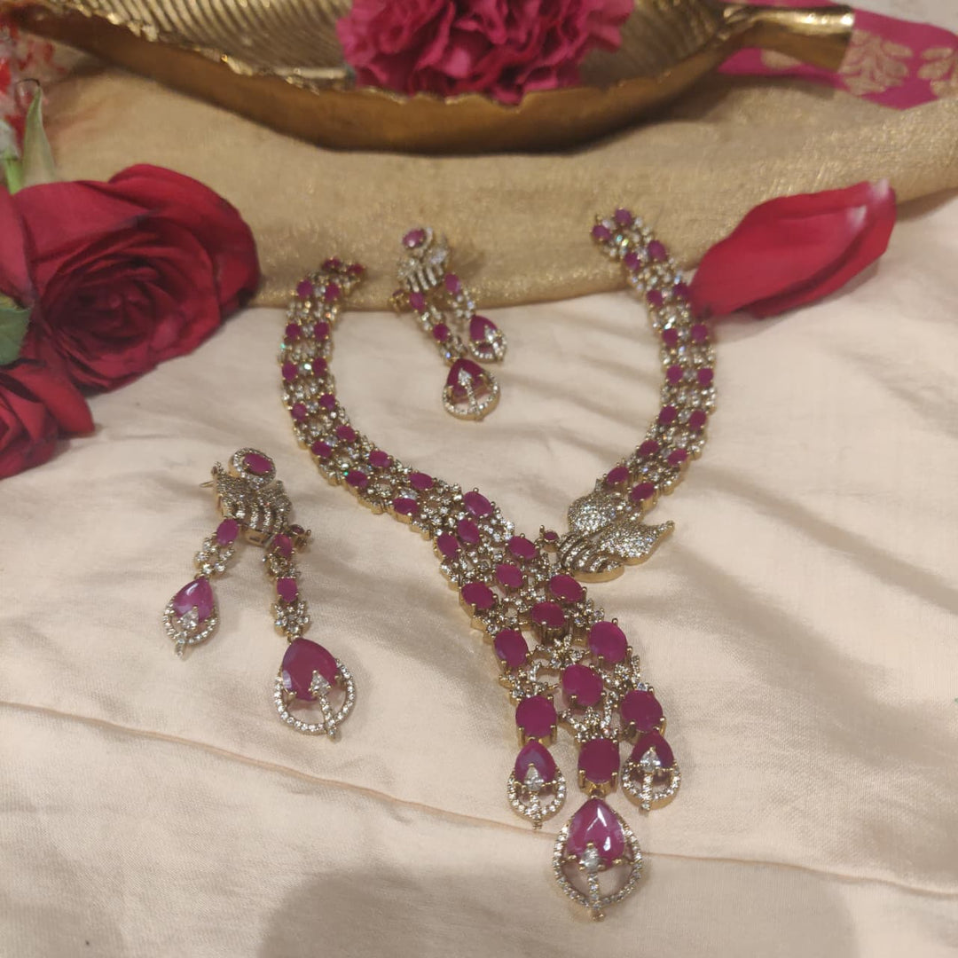 Refined Ruby AD Stone Droplet Peacock Necklace