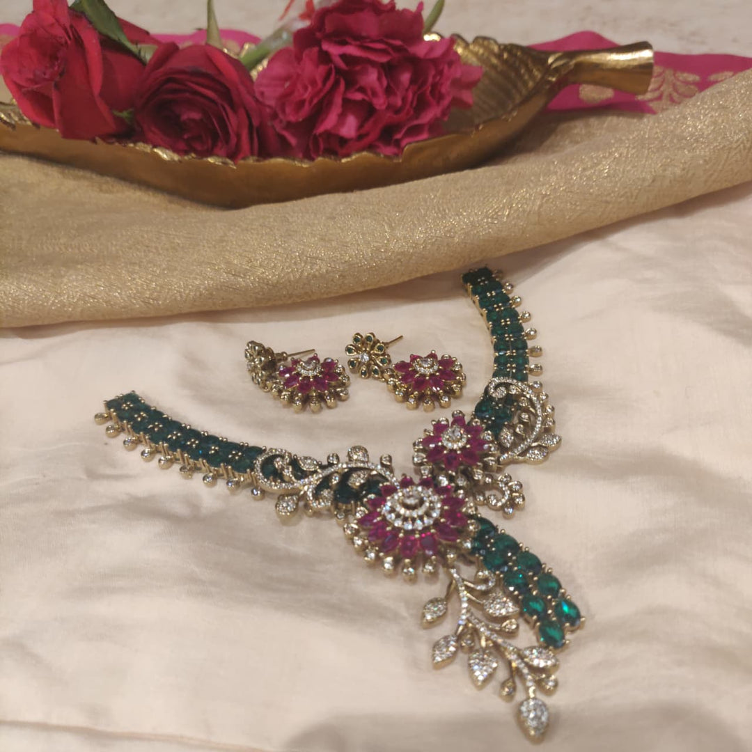 Alluring Floral Ruby Green AD Stone Necklace