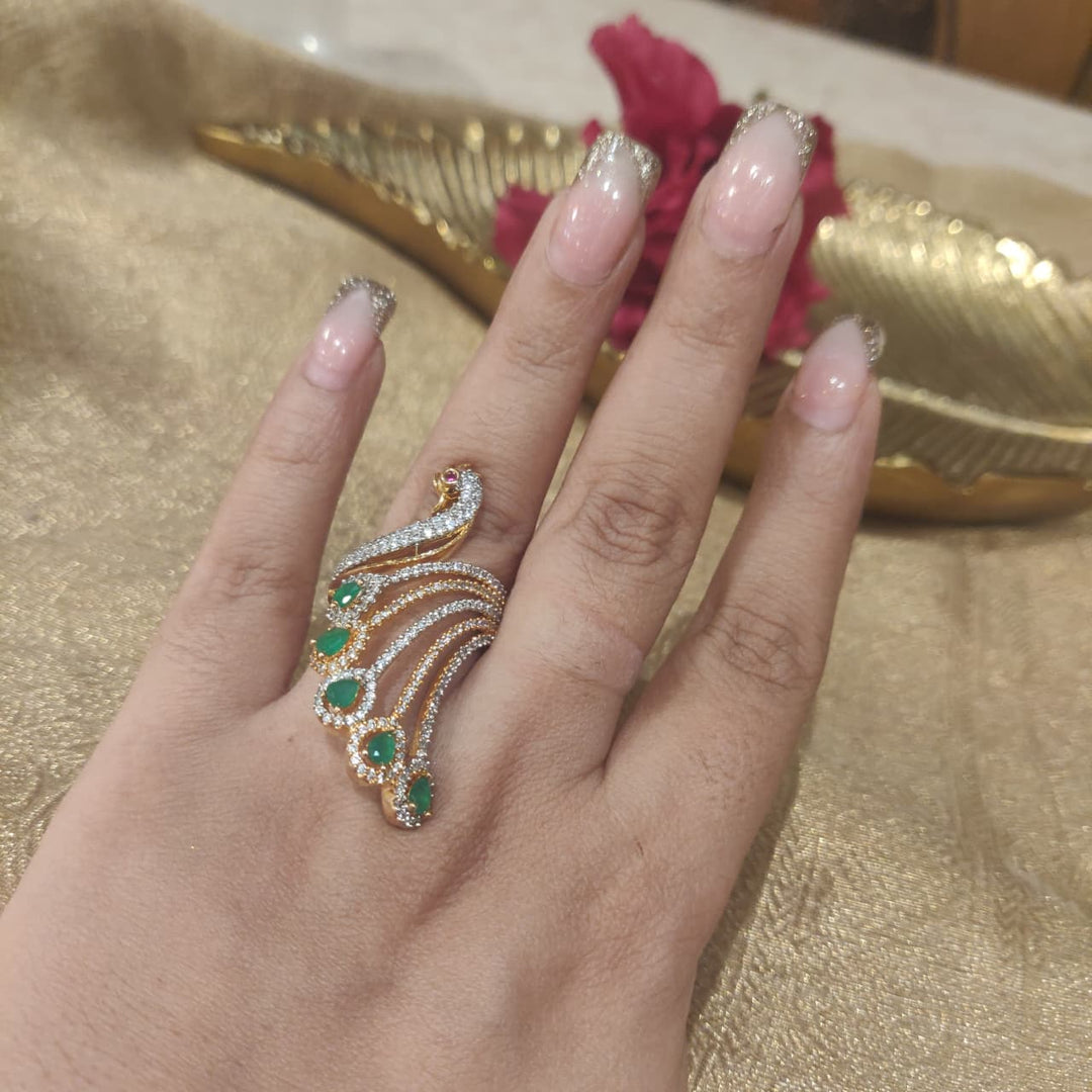 Majestic Peacock Finger Ring with Green AD Stone