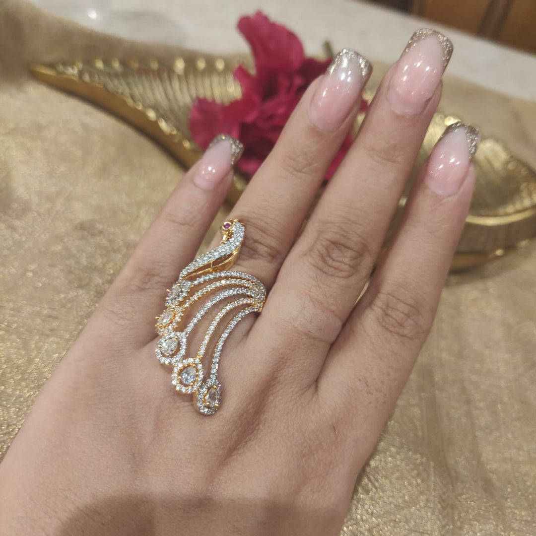 Majestic Peacock Finger Ring with Crystal AD Stone