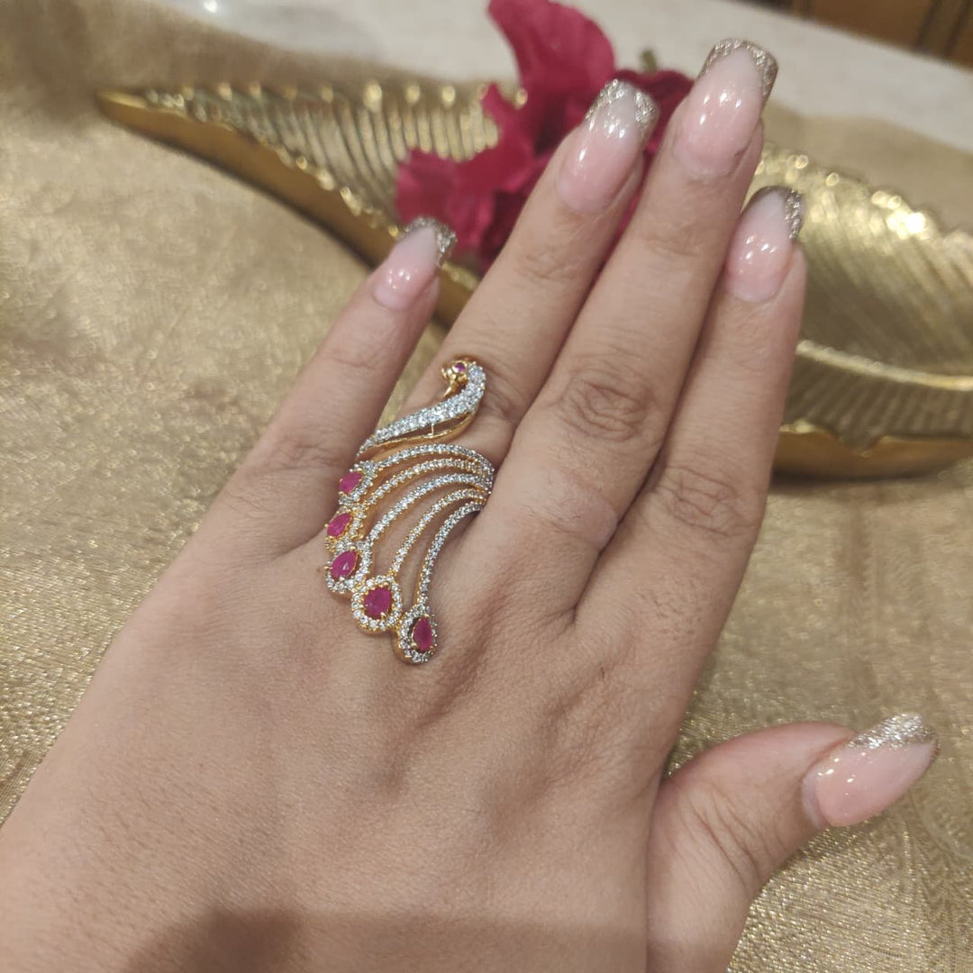 Majestic Peacock Finger Ring with Ruby AD Stone
