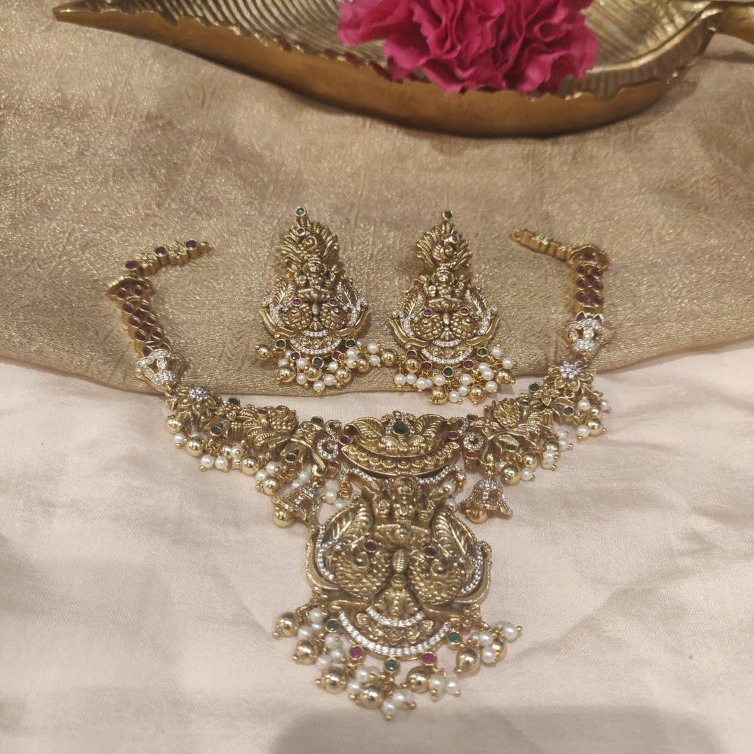 Elegant Lakshmi Peacock Necklace with white Gold Beads