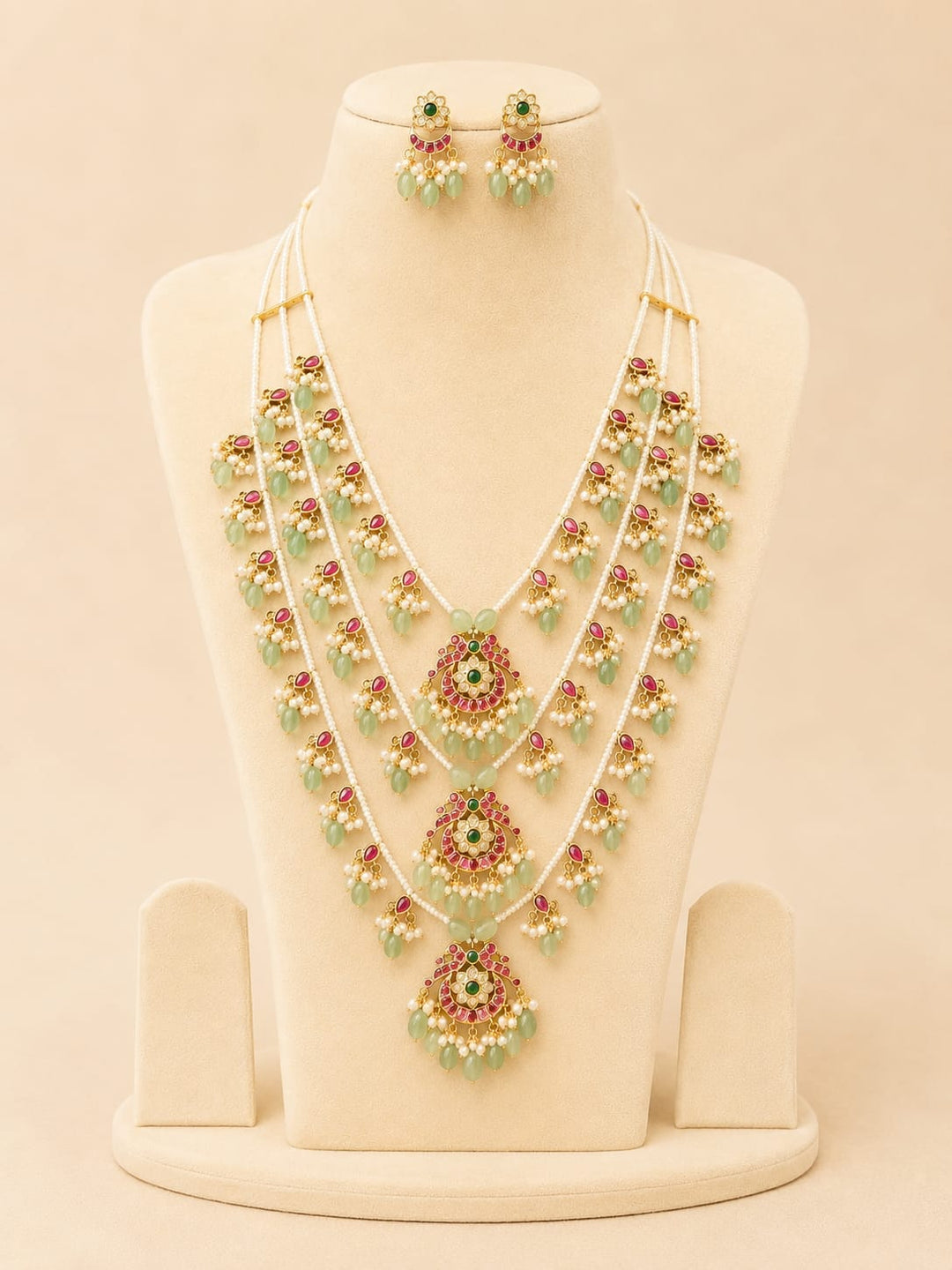 3 Layer Floral Handcrafted Long Necklace with Lightgreen Beads