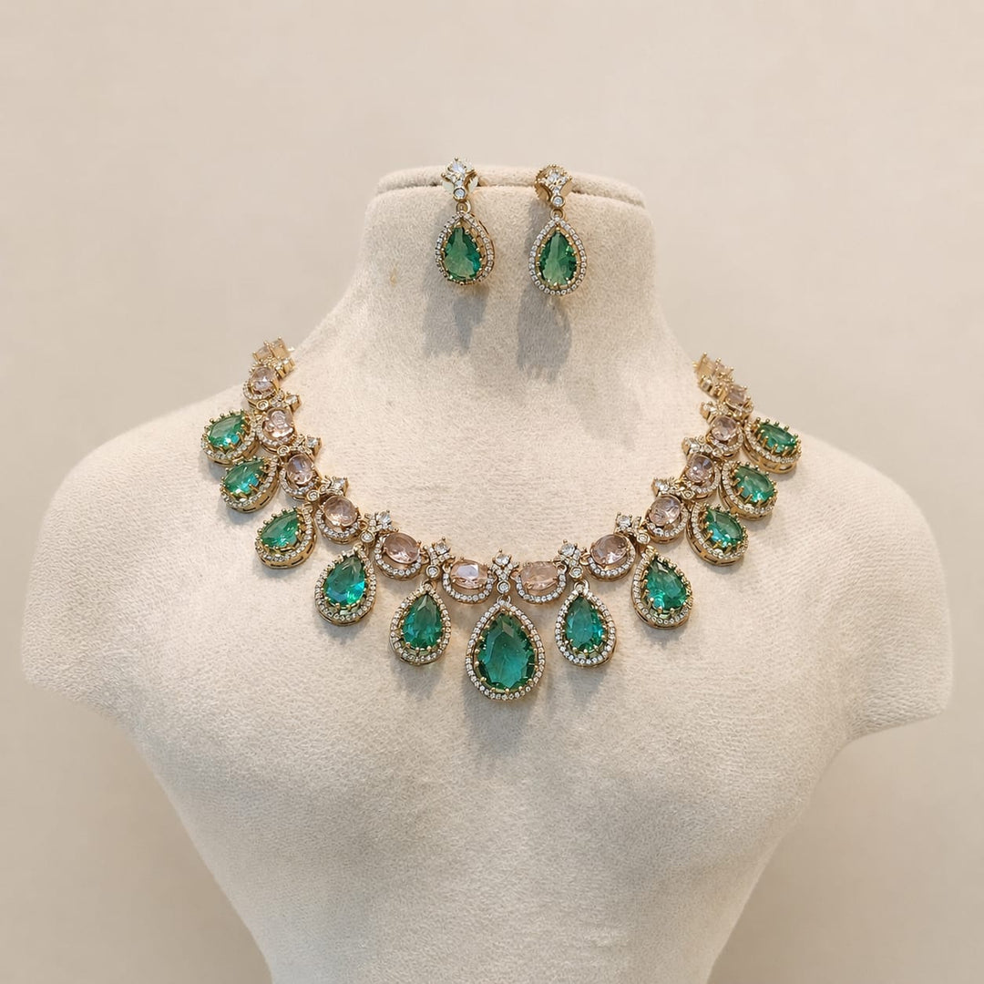 Rosepink AD Stone Necklace with Mint Droplet Stone