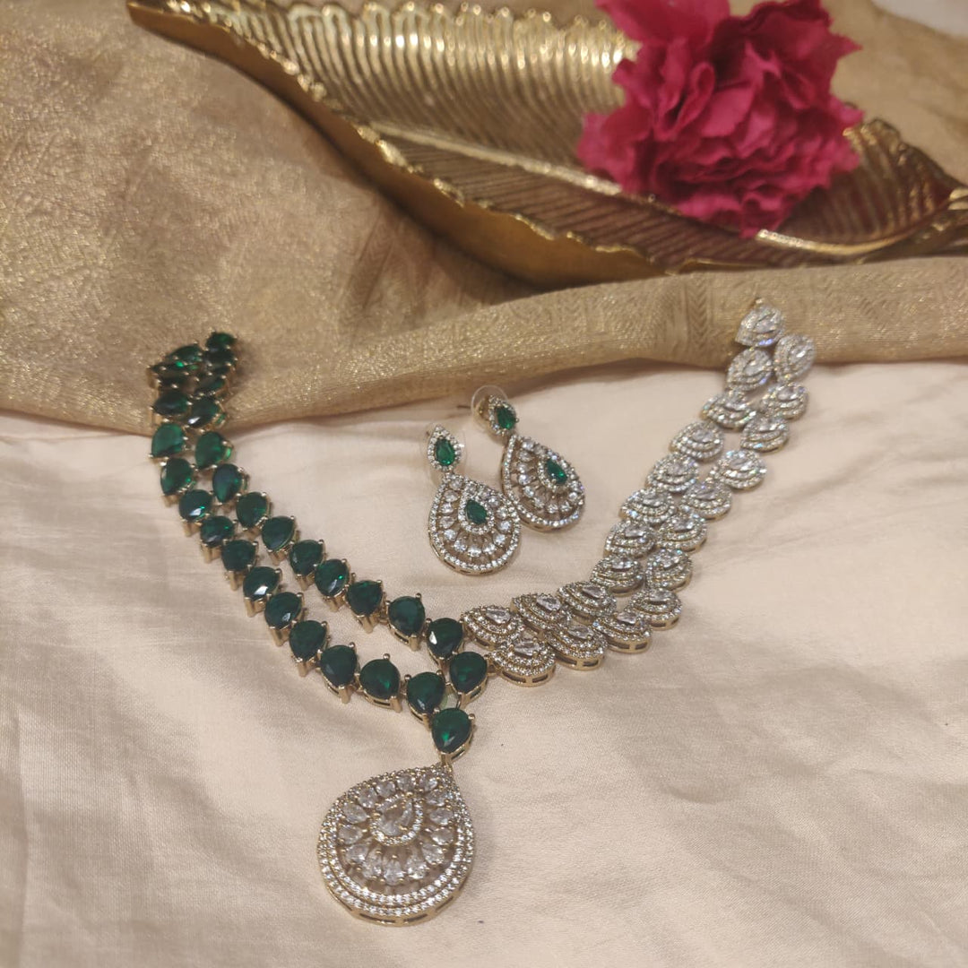 Refined 2 Layer Crystal Green AD Stone Floral Necklace