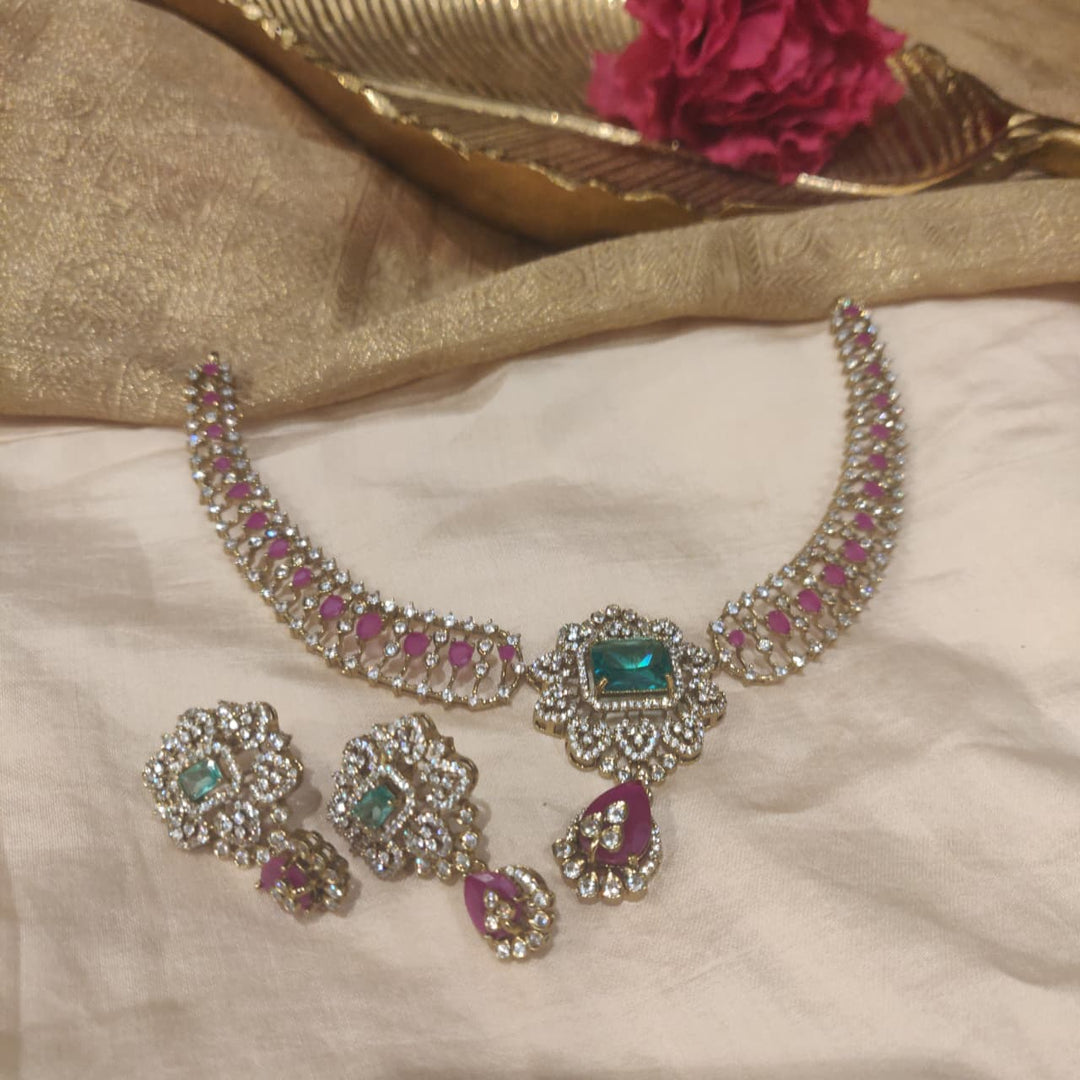 Sought Ruby Mint AD Stone Floral Necklace