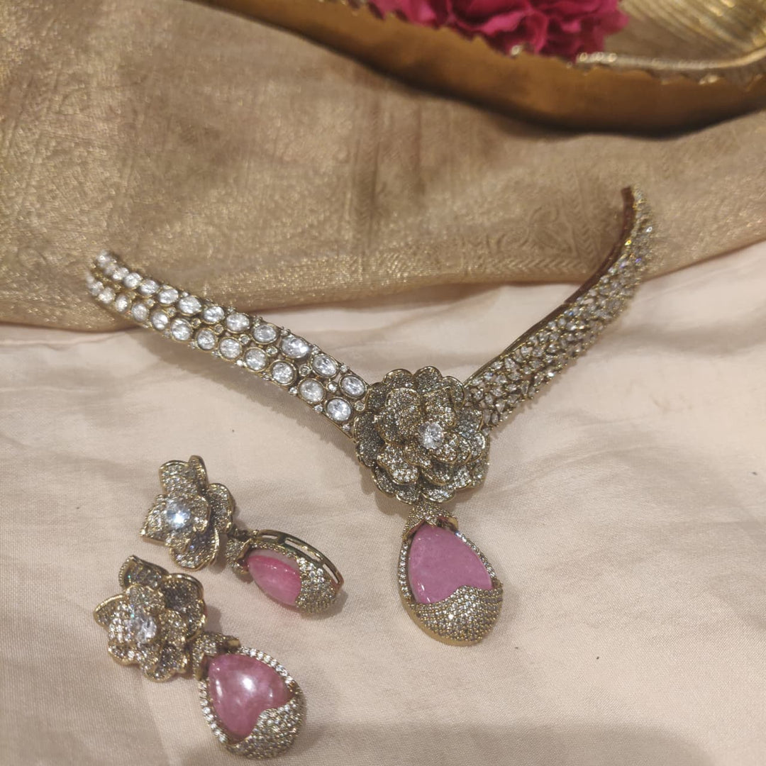 Elegant Crystal AD Stone Floral Necklace with Pink Stone