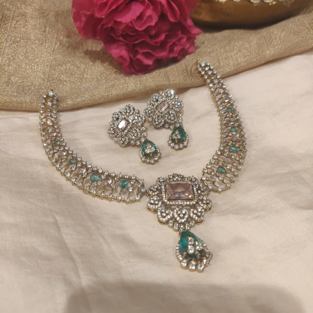 Enchanting Floral Rosepink Mint Stone AD Necklace