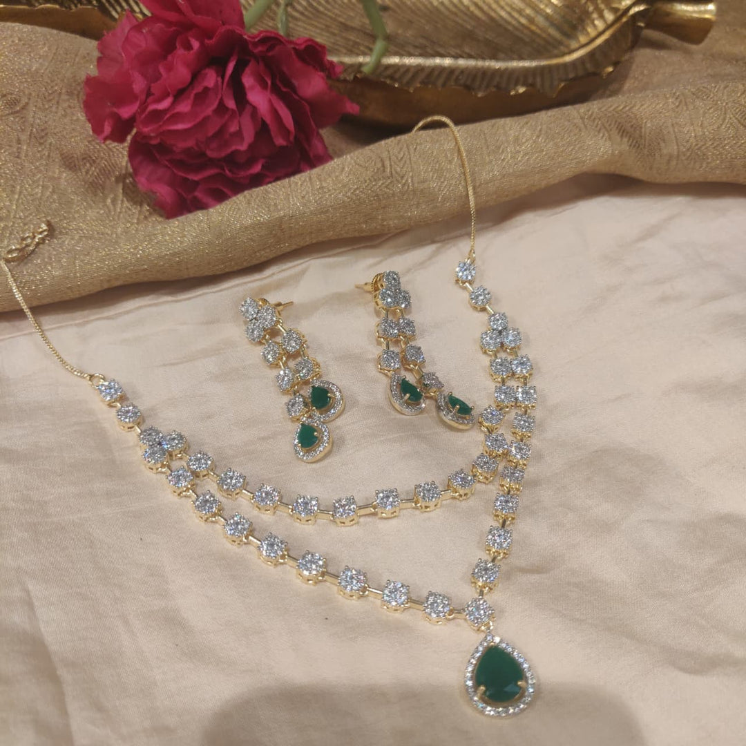 Captivating CZ 2 Layer Necklace with Green AD Stone