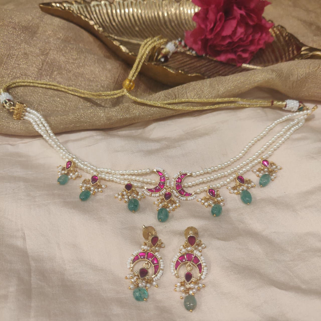 Timeless white Pearl 3 Layer Moon Choker with Green Beads