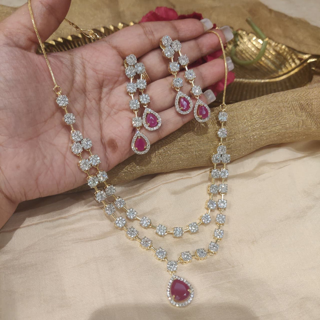 Captivating CZ 2 Layer Necklace with Ruby AD Stone