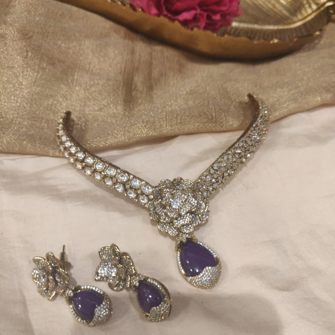 Whimsical Flroal Crystal Stone Necklace with Purple AD Stone