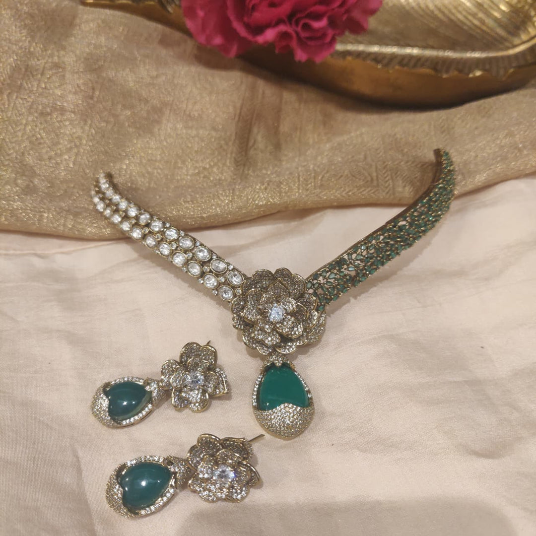 Elegant Crystal AD Stone Floral Necklace with Green Stone