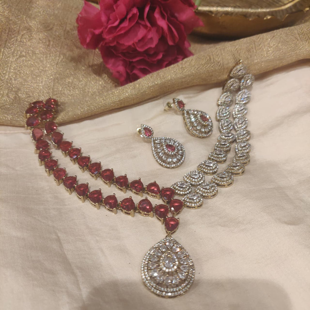 Refined 2 Layer Crystal Ruby AD Stone Floral Necklace