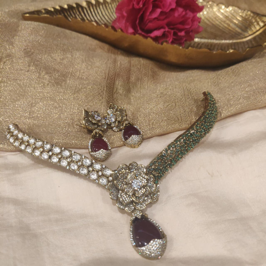 Elegant Crystal AD Stone Floral Necklace with Maroon Stone
