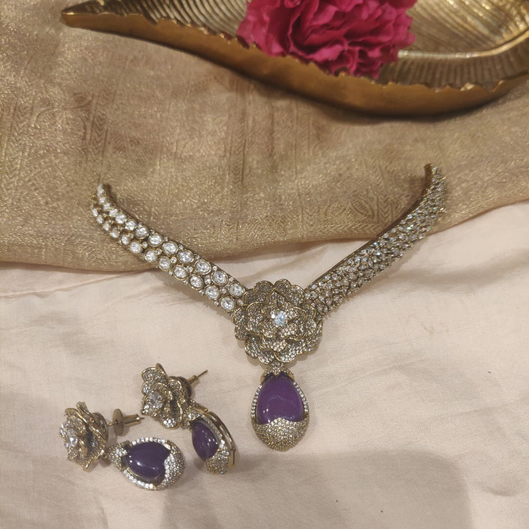 Elegant Crystal AD Stone Floral Necklace with Purple Stone