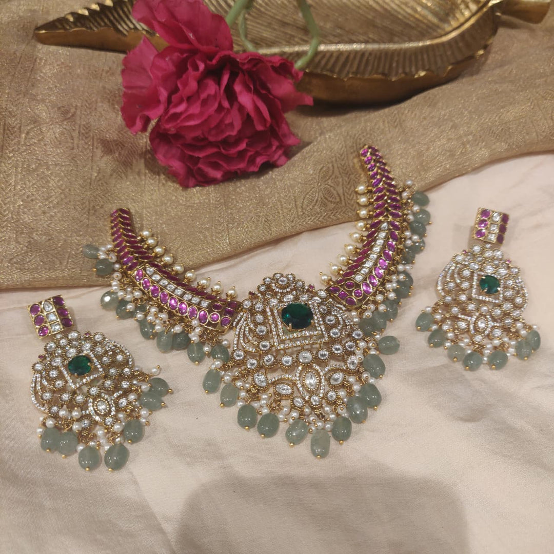 Exquisite Jadau Stone Floral Necklace with Lightgreen Beads